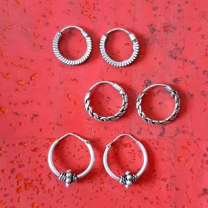 Three 3 pair Delicate Silver Hoop Earrings